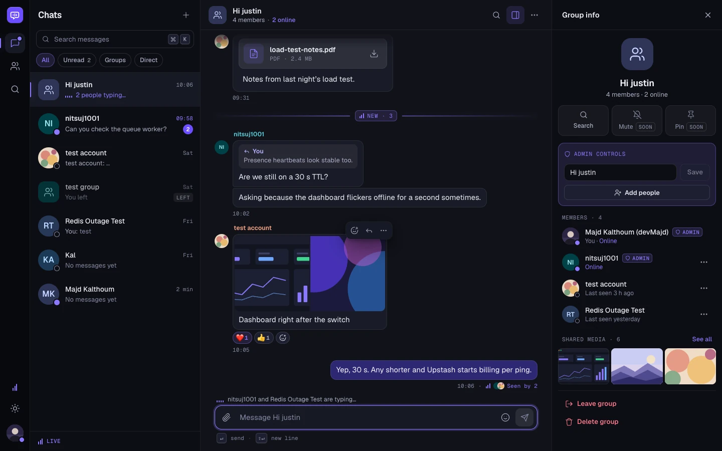 RTM on desktop: a group chat with a shared PDF, an image with reactions, and the group info panel