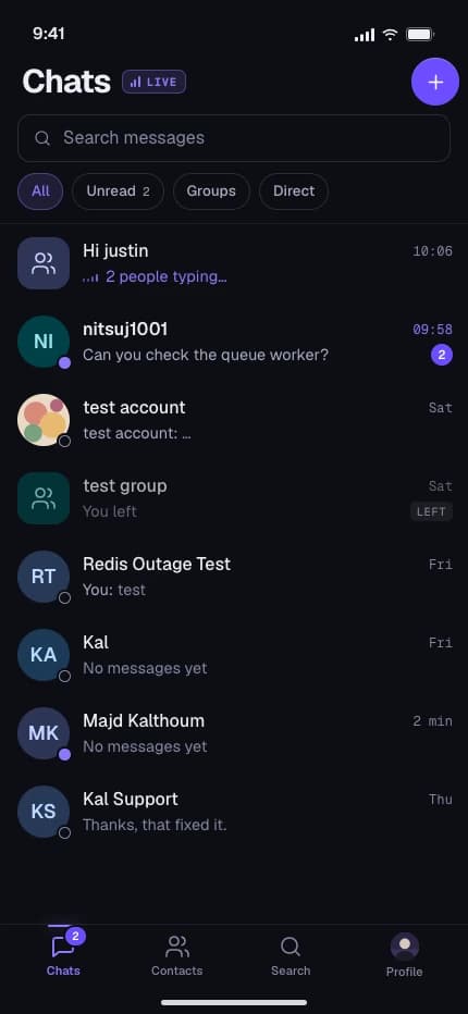 RTM on mobile: the chat list with unread counts and a live typing status